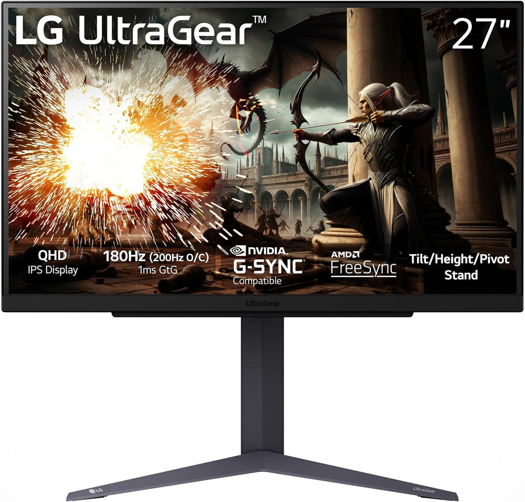 LG 27GS75QX-B 27-inch Ultragear QHD (2560x1440) Gaming Monitor, 180Hz (O/C 200Hz), 1ms, IPS, NVIDIA G-SYNC Compatible, AMD FreeSync, HDR10, Tilt/Height/Pivot Stand, HDMI, DisplayPort, Black