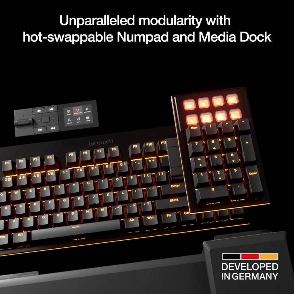 be quiet! Dark Mount Mechanical Keyboard | Linear | Hot-Swappable Lubricated Silent Switches | Detachable Numpad and Media Dock | Programmable ARGB Keys | Quality PBT Double Shot Keycaps | BT001US