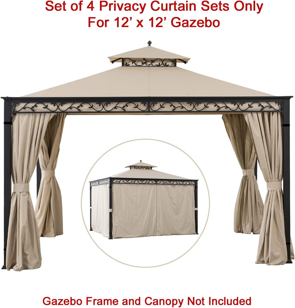 Westcharm Universal Gazebo Curtains 12' X 12' Replacement 4 Panels Privacy Curtain Set for Gazebo Outdoor (Privacy Side Wall Set Only)