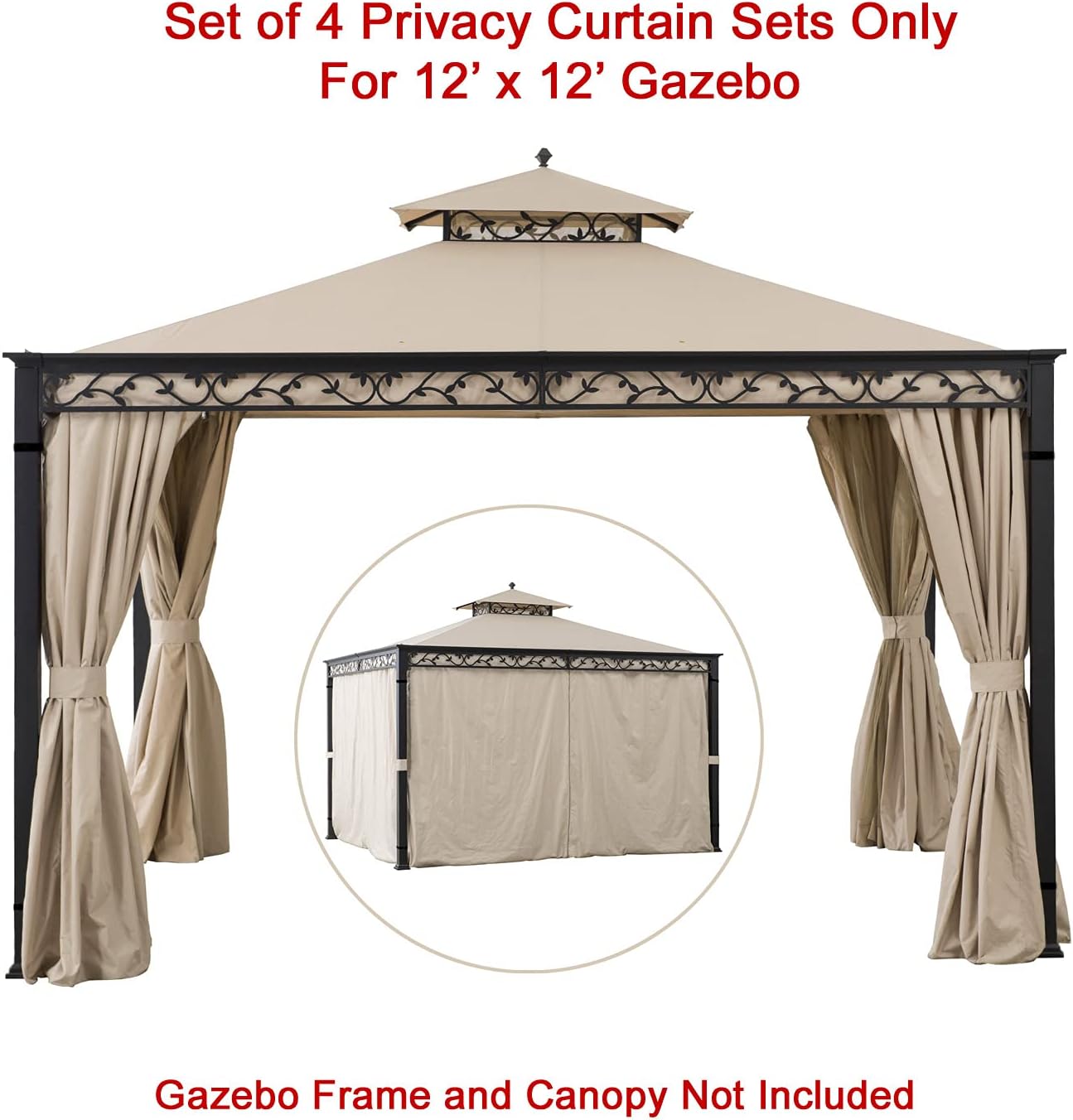 Westcharm Universal Gazebo Curtains 12' X 12' Replacement 4 Panels Privacy Curtain Set for Gazebo Outdoor (Privacy Side Wall Set Only)