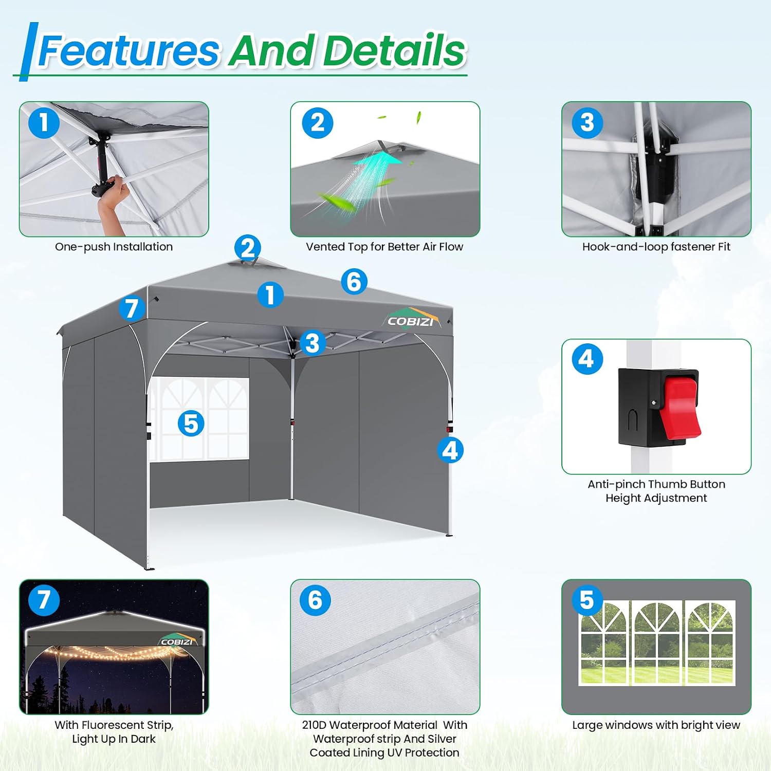 COBIZI 10x10 Pop Up Canopy with 3 Removable Sidewalls, Easy Pop Up Comercial Instant Canopy with One Push Center Lock, Waterproof Canopy with Sidewalls for Event, Rope & Stakes & Sandbags, Gray