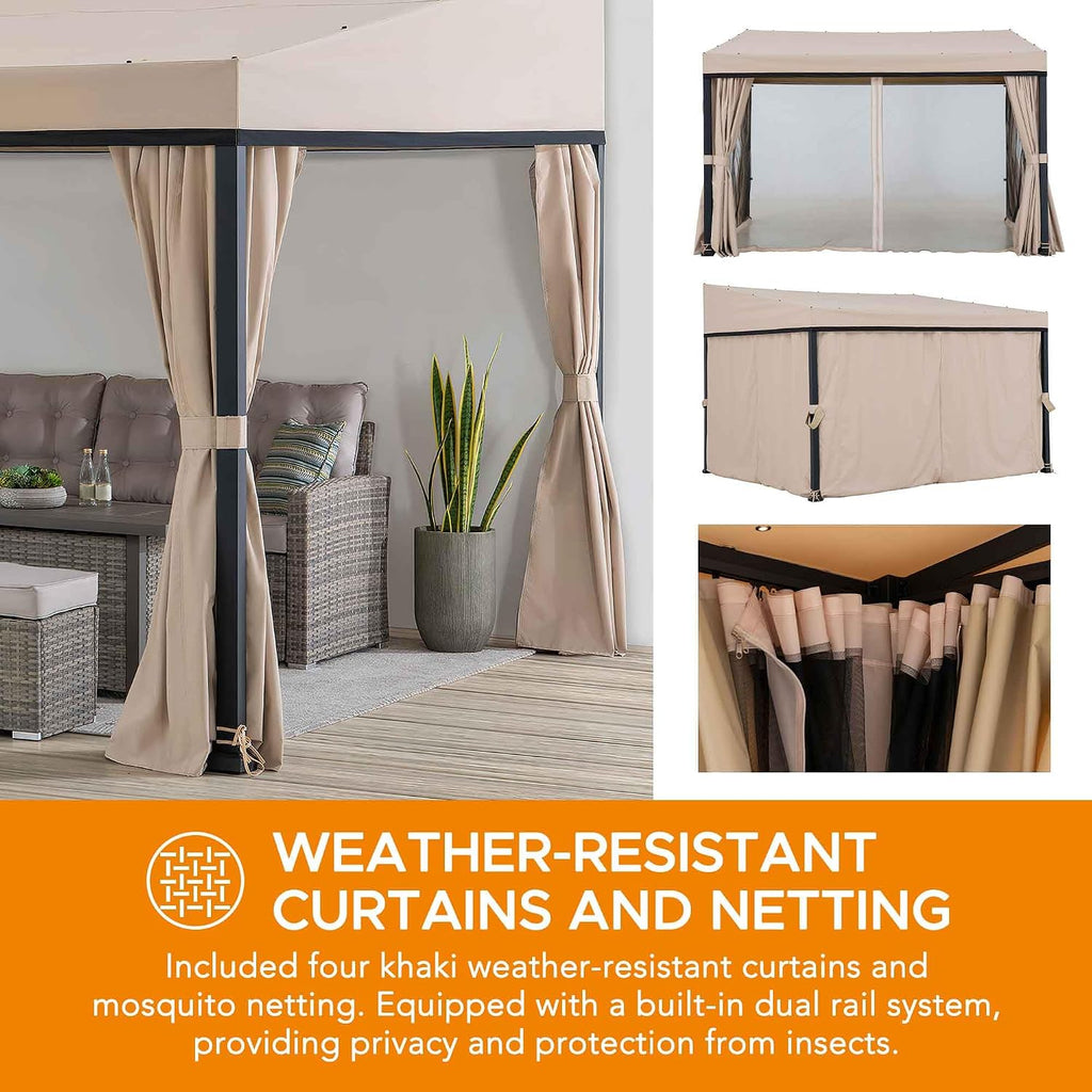 Sunjoy 10 x 12 ft Wall Mounted Gazebo with Weather Resistant Fabric Roof, Black Aluminum & Metal Frame Lean to Gazebo with Curtains and Netting