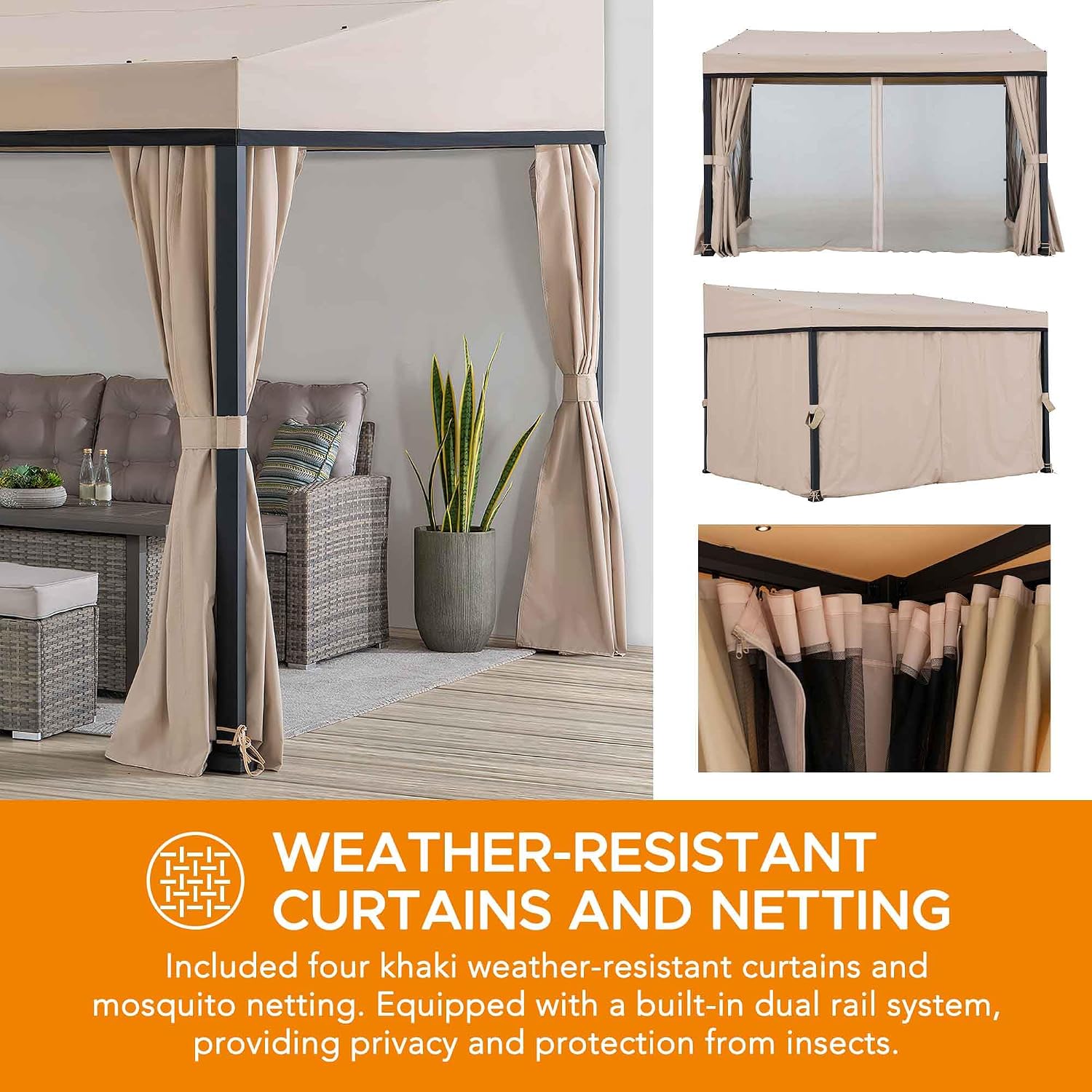 Sunjoy 10 x 12 ft Wall Mounted Gazebo with Weather Resistant Fabric Roof, Black Aluminum & Metal Frame Lean to Gazebo with Curtains and Netting