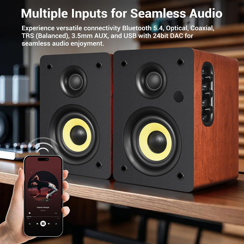 Sanyun SW206 80W Active Dual-Mode Bookshelf Speakers, 4' Studio Monitor & HiFi Mode, Upgraded 3D Sound Field, 6.35mm TRS Balanced, Bluetooth 5.4, Optical Coaxial Aux USB 24bit DAC, Woodgrain