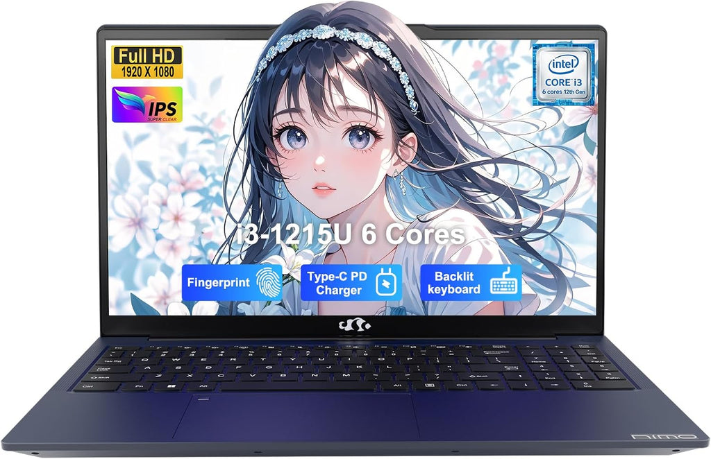 NIMO 15.6' IPS FHD-Student-Laptop, Intel 6 Cores I3-1215U 16GB RAM 256GB SSD (Beats i5-1135G7, Up to 4.4GHz) Computer with 65W Type C Backlit Keyboard Fingerprint, for Home and Business