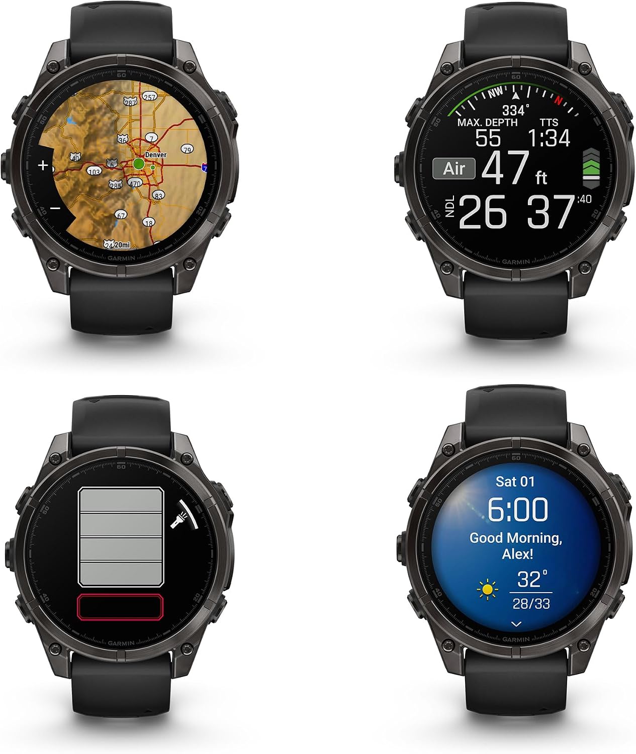Garmin Fenix 8 47MM AMOLED Sapphire Premium Multisport GPS Smartwatch Carbon Gray DLC Titanium with Black Gray Silicone Band, Built-in LED Flashlight, Health & Fitness Smart Watch Bundle for Men