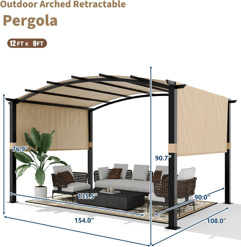 KYBOLT 12x9 Ft Arched Pergola Metal Gazebo with Retractable Canopy for Backyard Deck Garden Lawns Porch(Khaki)