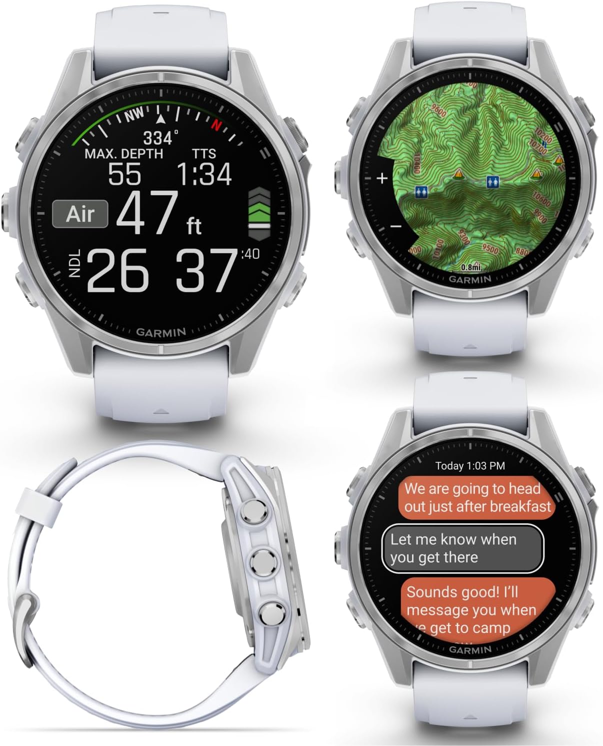 Garmin Fenix 8 – 43 mm, AMOLED Multisport GPS Smartwatch, Silver with Whitestone Silicone Band, Built-in LED Flashlight, Voice Control, Dive-Rated White Earbuds Bundle