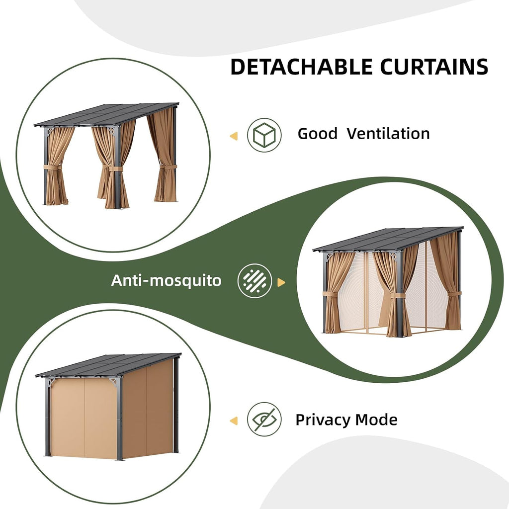 Aoxun 8'x10' Lean to Gazebo with Mosquito Net and Curtains, Aluminum Frame, Polycarbonate Panel, Wall Mounted Pergola with Sloped Roof for Backyard, Porch, Deck