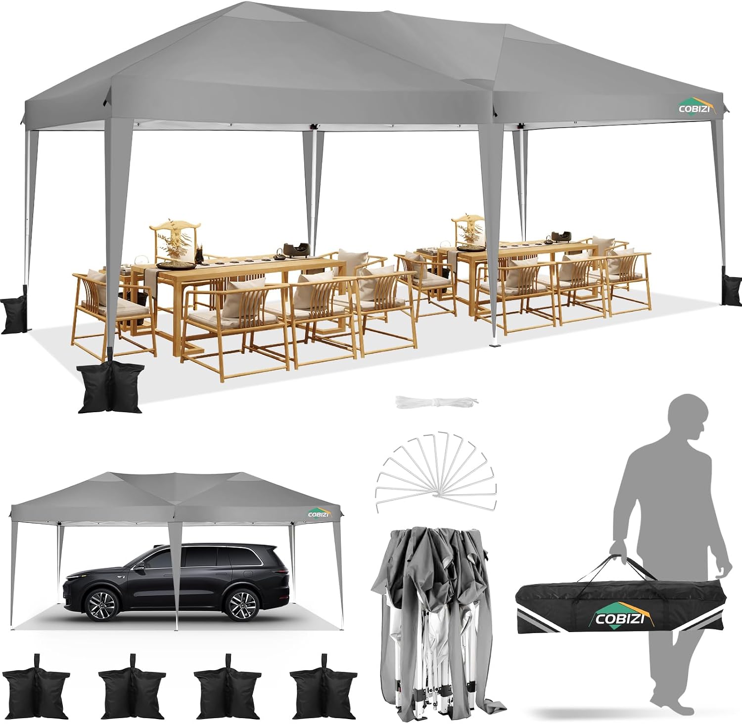 COBIZI 10x20 Pop Up Canopy Tent Without Sidewall Party Tents for Parties Weddings Backyard Waterproof Commercial Instant Outdoor Events Tent with Stakes, Ropes（10 x 20 ft Gray