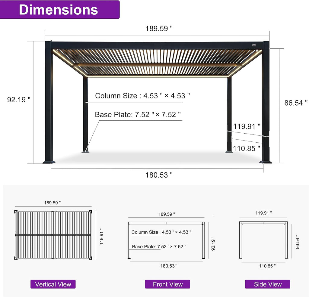 PURPLE LEAF Louvered Pergola with Strip Lights 92KS 10' x 16' Integrated Tunable Solar LED Independently Adjustable Aluminum Roof Outdoor Pergolas for Patio Garden Yard Gray