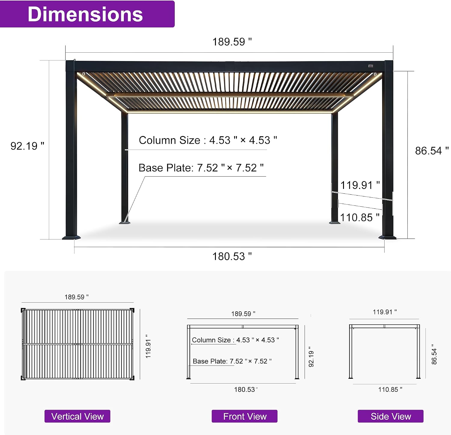 PURPLE LEAF Louvered Pergola with Strip Lights 92KS 10' x 16' Integrated Tunable Solar LED Independently Adjustable Aluminum Roof Outdoor Pergolas for Patio Garden Yard Gray