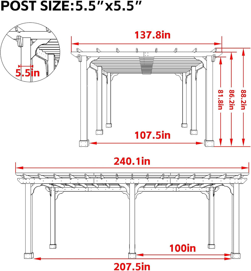 MUPATER 12x20 FT Retratable Wooden Pergola Gazebo for Patio Stakes, Quality Supported Structure, Snow and Wind Supported, Outdoor Pergola Garden Shelter Cedar Framed for Backyard,Deck,Garden