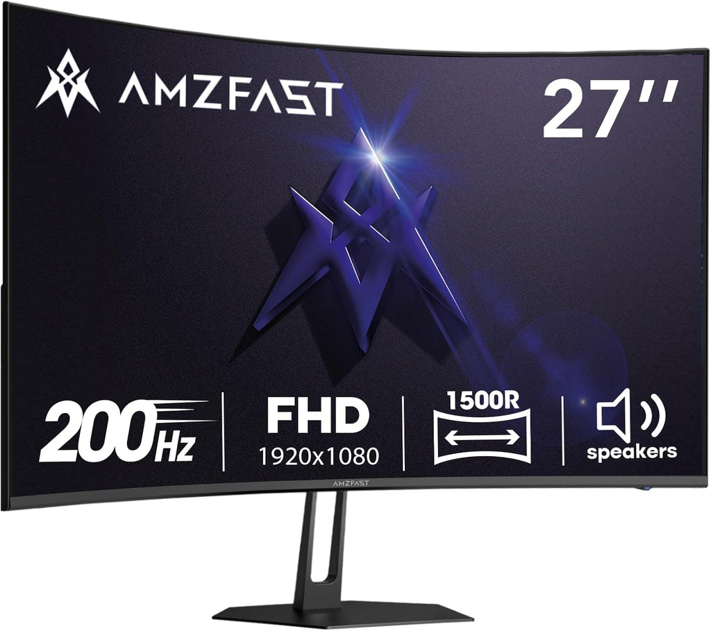 Amzfast 27 inch 200Hz Curved Gaming Monitor, FHD 1080p with Built-in Speakers, FreeSync, MPRT 1ms, 130% sRGB, 3000:1, 1500R, VESA Mount, HDMI 2.0&DP 1.4, 12 Months Warranty Exchange