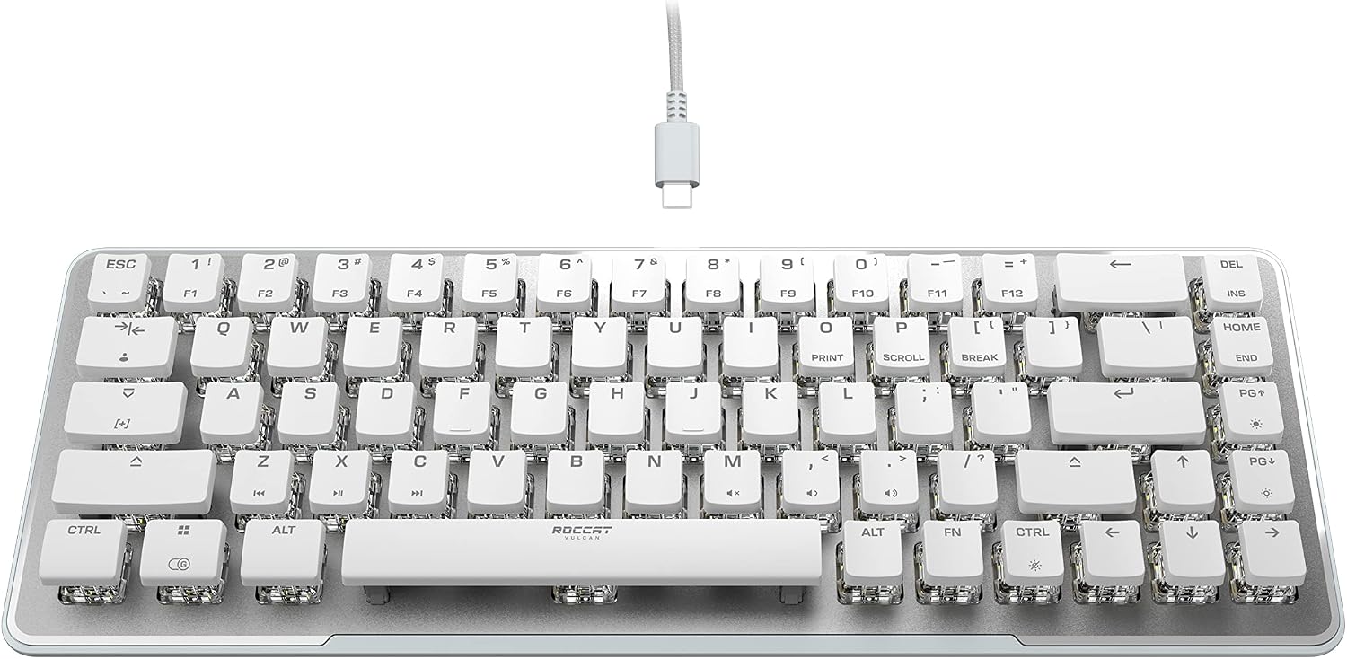 Roccat Vulcan II Mini–65% Optical PC Gaming Keyboard with Customizable RGB Illumination, Detachable Cable, Button Duplicator, On-board profiles, Aluminum Plate, 100 million Keystroke Durability -White