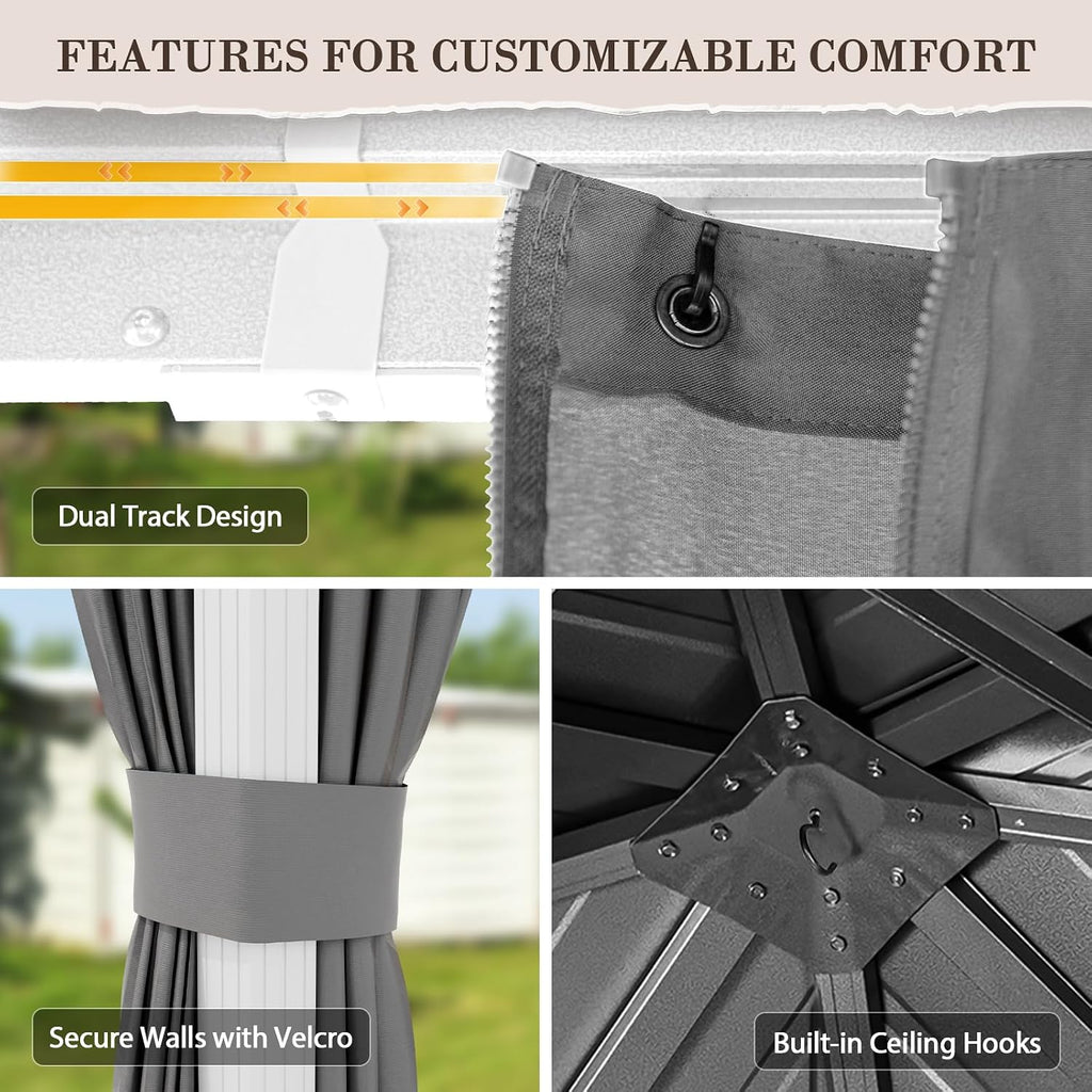 EAGLE PEAK 12x12 Hardtop Gazebo, Galvanized Steel Double Roof with Aluminum Frame, Outdoor Pavilion with Netting and Curtains for Patio, Deck, Lawn and Garden, White/Gray