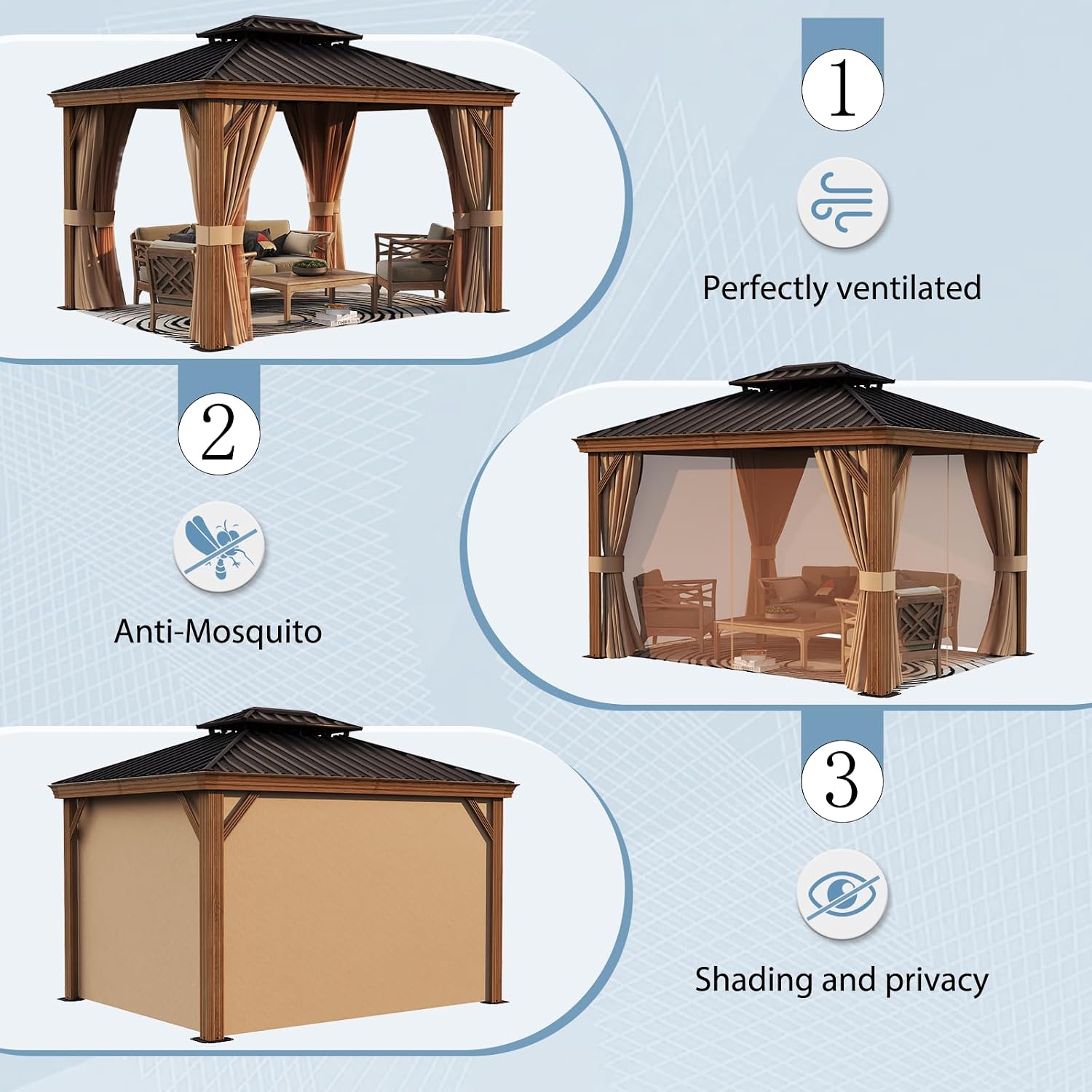 Aoxun 10' x 12' Gazebo, Wooden Finish Coated Aluminum Frame Canopy with Dual-Layer Galvanized Steel Hardtop Top, Outdoor Metal Gazebo with Privacy Curtains and Netting, for Deck, Patio and Backyard