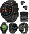 Garmin Fenix 8 – 47 mm, AMOLED Sapphire Multisport GPS Smartwatch,Carbon Gray DLC Titanium with Black/Pebble Gray Silicone, Built-in LED Flashlight Black Earbuds Bundle