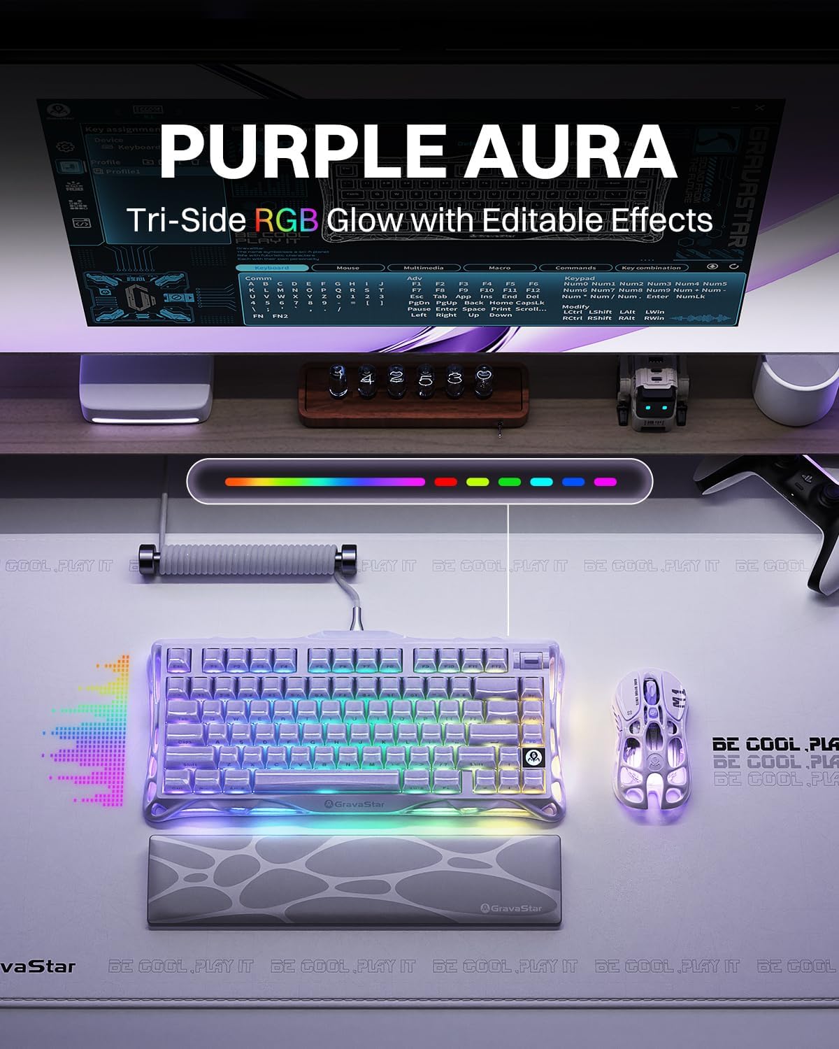 GravaStar Mercury K1 Purple 75% Wireless Mechanical Keyboard – Tri-Mode BT5.0/2.4GHz/USB-C Gaming Keyboard, Jelly Keycaps, Linear Switches, RGB Backlit Creamy Keyboard for PC/Mac, Cute & Stylish