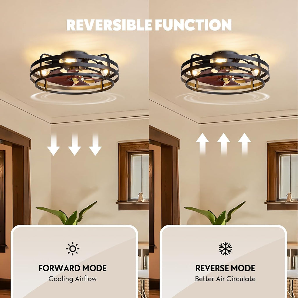 24 Inch Farmhouse Flush Mount Ceiling Fan with Lights and Remote, Industrial Black Caged with 6 Wind Speeds, Dimmable, Reversible, Rustic Ceiling Fan Lights for Bedroom, Kitchen, Living Room