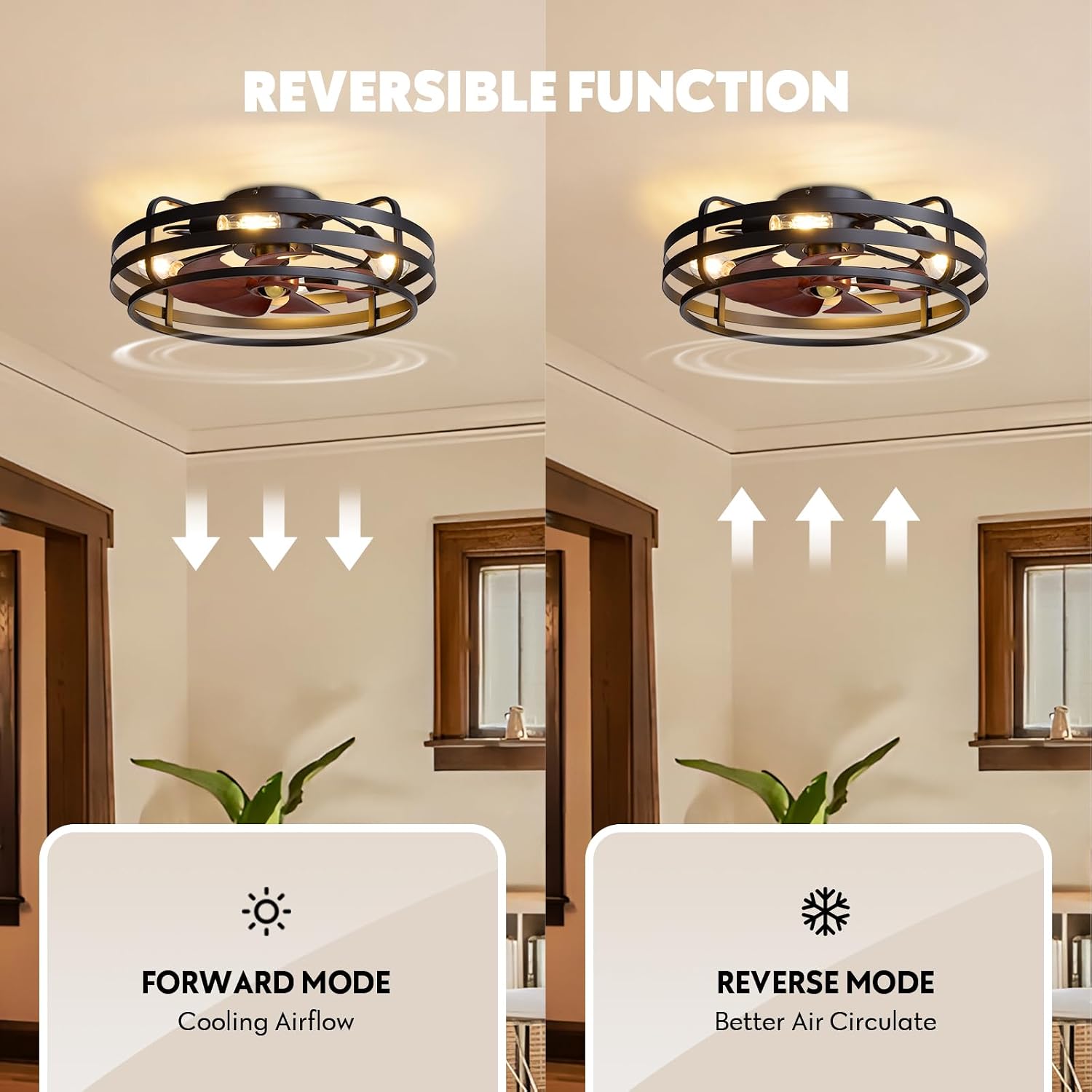 24 Inch Farmhouse Flush Mount Ceiling Fan with Lights and Remote, Industrial Black Caged with 6 Wind Speeds, Dimmable, Reversible, Rustic Ceiling Fan Lights for Bedroom, Kitchen, Living Room