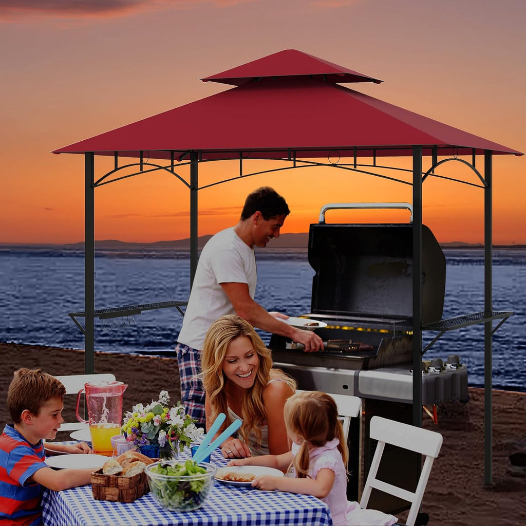 Tangkula 8x5 Ft Grill Gazebo, 2-Tier Barbecue Gazebo with 2 Shelves, 7 Hooks, Metal Frame, Outdoor Grill Canopy for Backyard Garden Poolside (Wine)