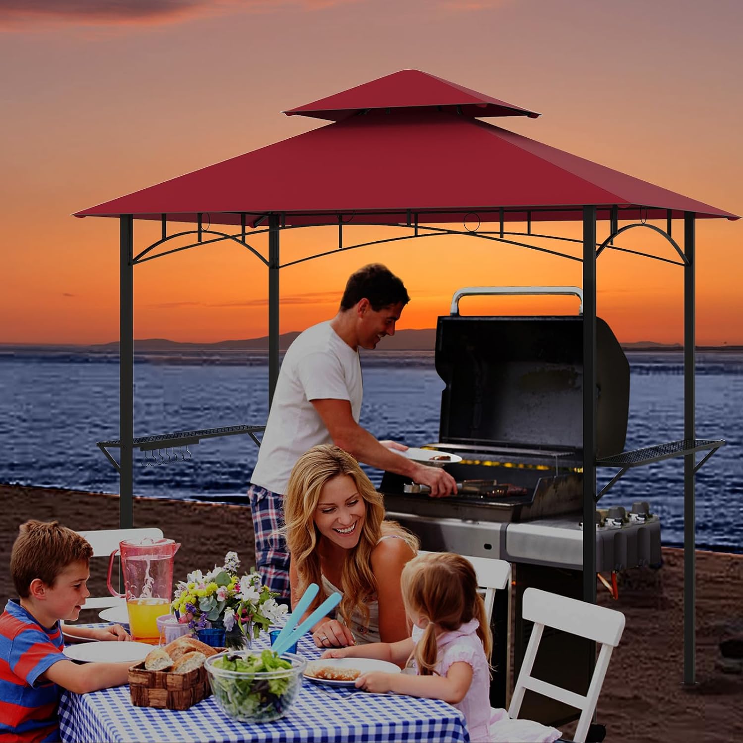 Tangkula 8x5 Ft Grill Gazebo, 2-Tier Barbecue Gazebo with 2 Shelves, 7 Hooks, Metal Frame, Outdoor Grill Canopy for Backyard Garden Poolside (Wine)