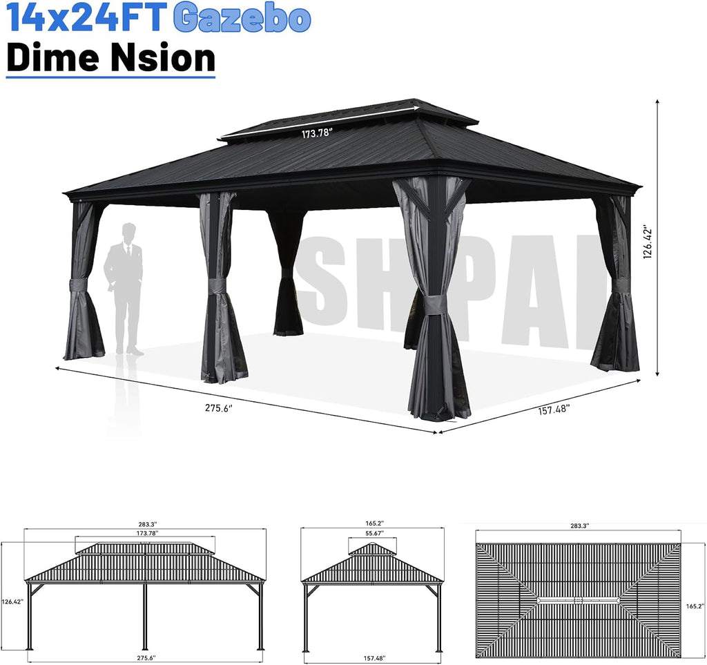 14' x 24' Outdoor Hardtop Gazebo with Gutters, Permanent Metal Hard Top Gazebo, Double Roof Galvanized Heavy Duty with Curtains and Netting for Backyard, Patio, Deck, Hot Tub, Grey