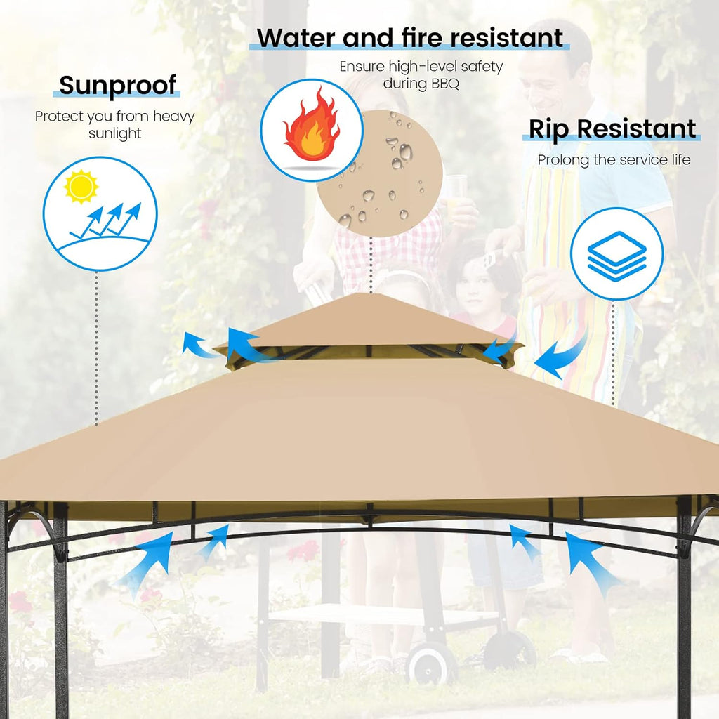 Giantex Grill Gazebo BBQ Canopy Tent Outdoor Patio Grill Shelter Double Tier Sun-Resistant Roof W/Air Vent Steel Frame Hooks Bottle Opener, 8'X5' Beige