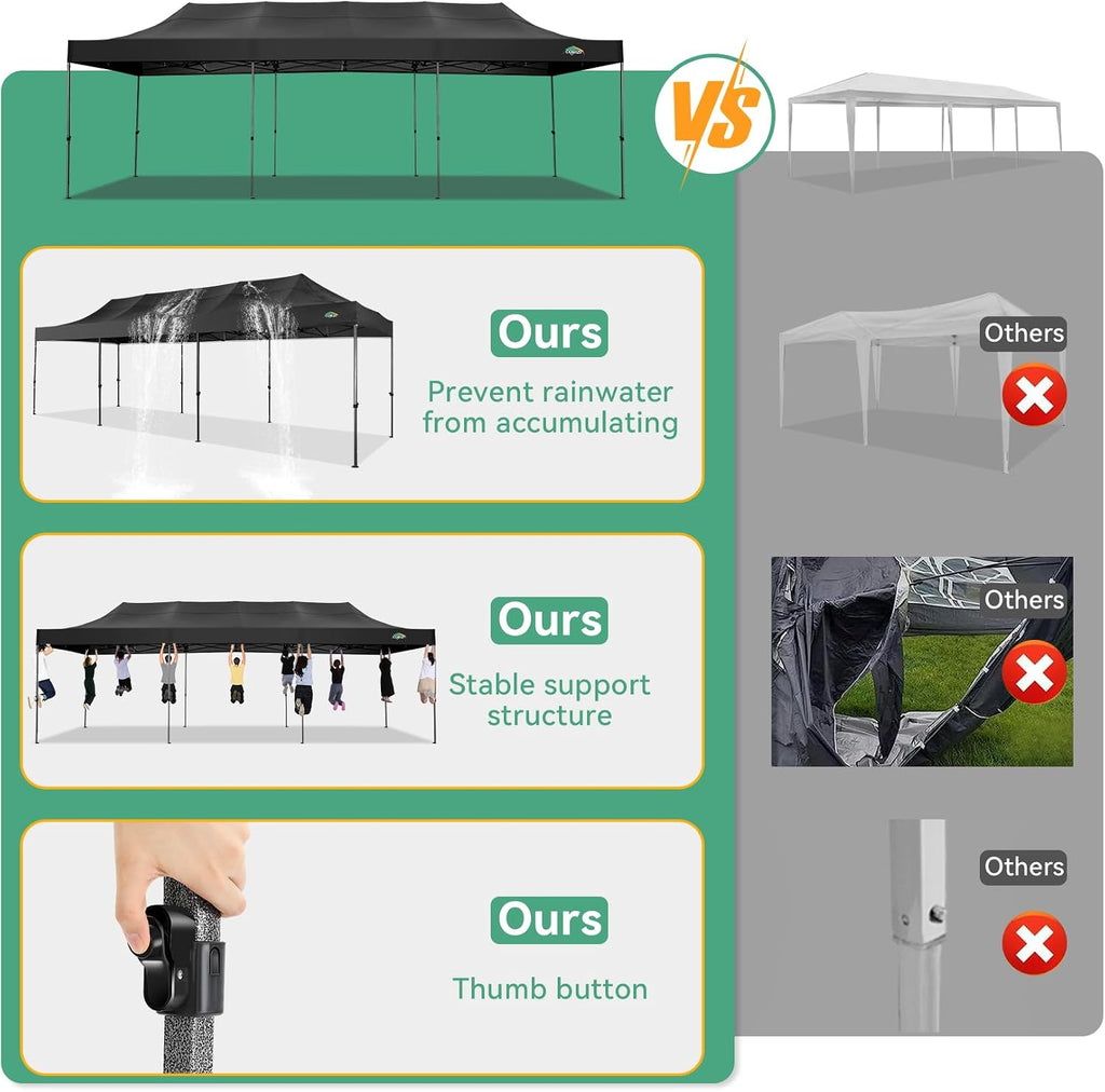 COBIZI 10x30 Heavy Duty Pop Up Canopy Tent with 8 Sidewalls Thicken Frame, Commercial Easy Up Outdoor Wedding Party Tents, All Season Waterproof Windproof with Stakes Sandbags Ropes Roller Bag, Black