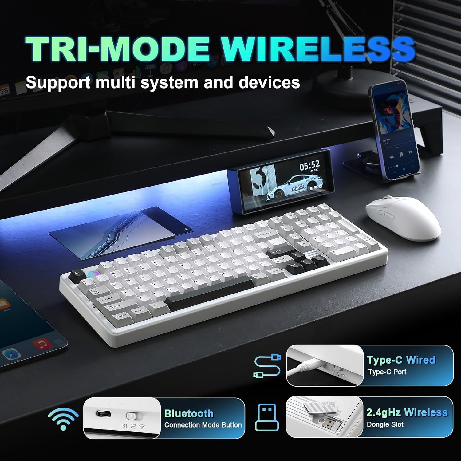 YUNZII AL98 QMK/VIA Wireless Mechanical Gaming Keyboard,Full Aluminum,BT/2.4G/USB-C, Pre-Lubed Hot Swappable Gasket Mount 1800 Layout,RGB Backlit for Win/Mac (White, Cocoa Cream V2 Switch)