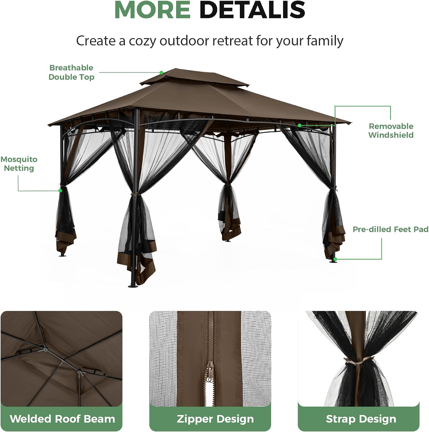 10' X 12' Patio Gazebo with Ventilation Double Roof, Outdoor Gazebo with Removable Mosquito Netting, Easy Up Metal Outdoor Canopy Shelter for Backyard, Garden, Lawn, Brown