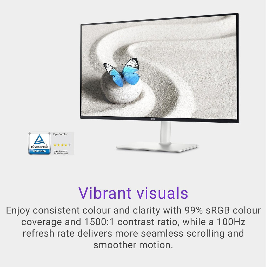Dell S27 inch Monitor, LED FHD - 100Hz Refresh Rate 15001 Contrast Ratio, AMD FreeSync - VESA, Integrated 2x5W Speaker, HeightTiltSwivelPivot, 2 x HDMI, White