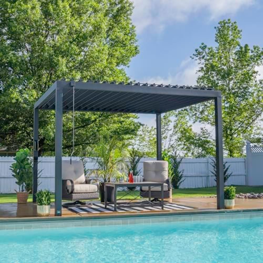 Backyard Discovery Sarasota 12' x 10' Galvanized Steel Louvered Pergola Kit with Adjustable Roof, Shade, Rain Protection, High-Wind Rating, Gutter System for Outdoor Patio, Garden, Deck, Entertaining