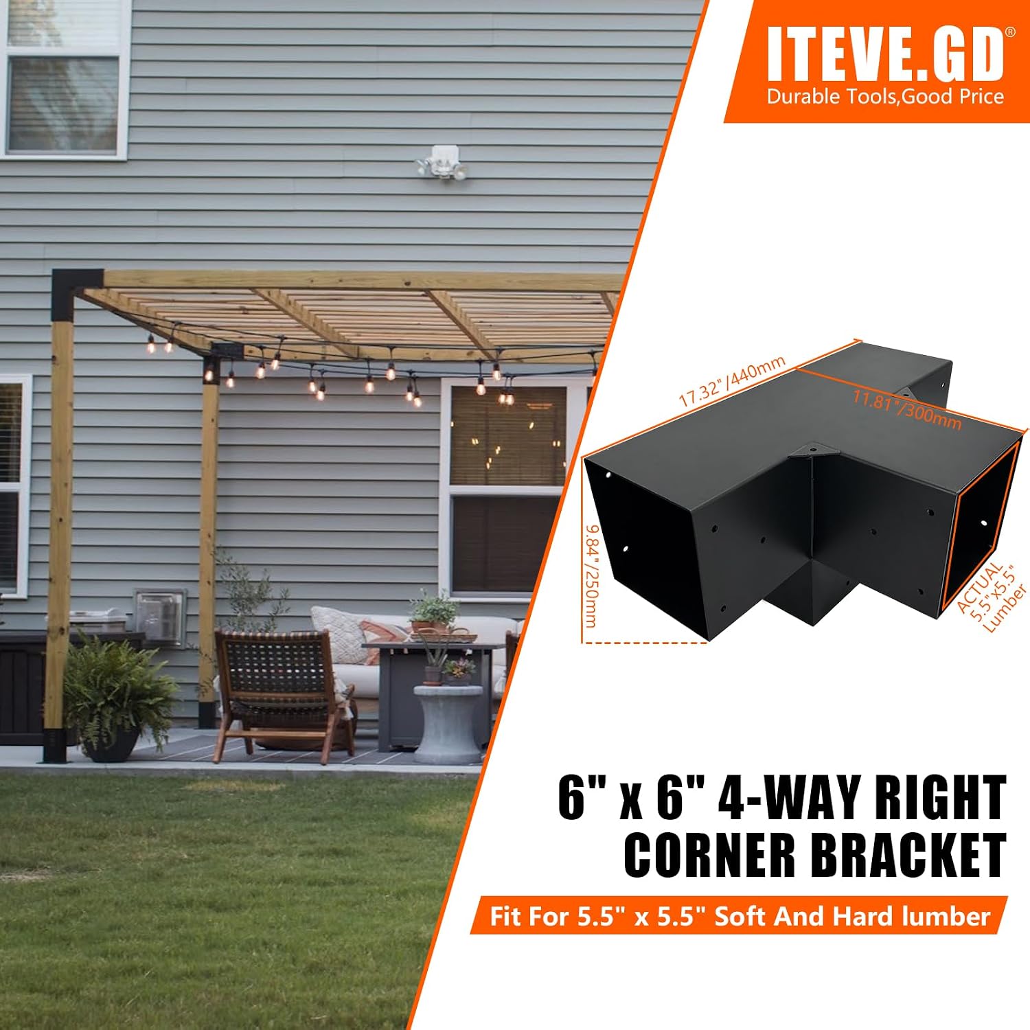 2Pack Pergola DIY Bracket Kits 6x6,4-Way Right Angle Corner Post Brackets for 6'x6'(Actual:5.5'x5.5') Wood Beams,Heavy Duty Metal Brackets for Outdoor Pavilion,Proch,Log Cabin