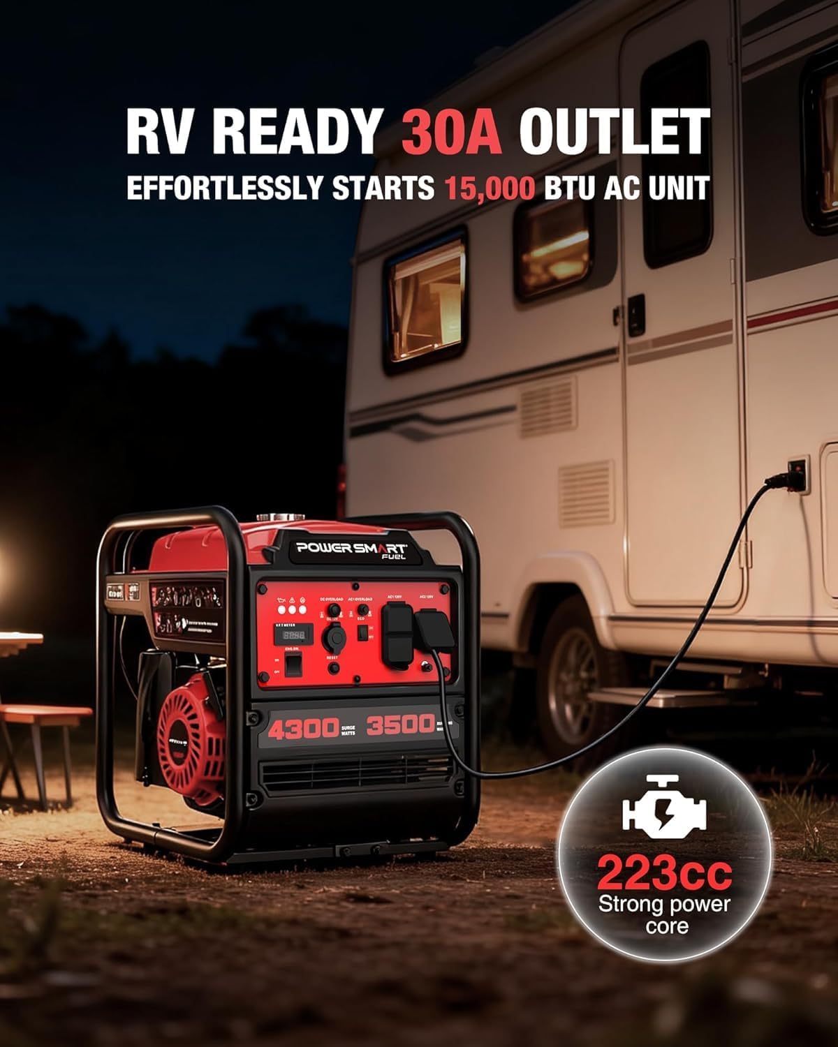 PowerSmart 4300-Watt Portable Generator with Inverter Technology, 3500W Rated, 223cc 4-Stroke Gas Powered Engine, 30 Amp for Home Backup, Camping, Emergency