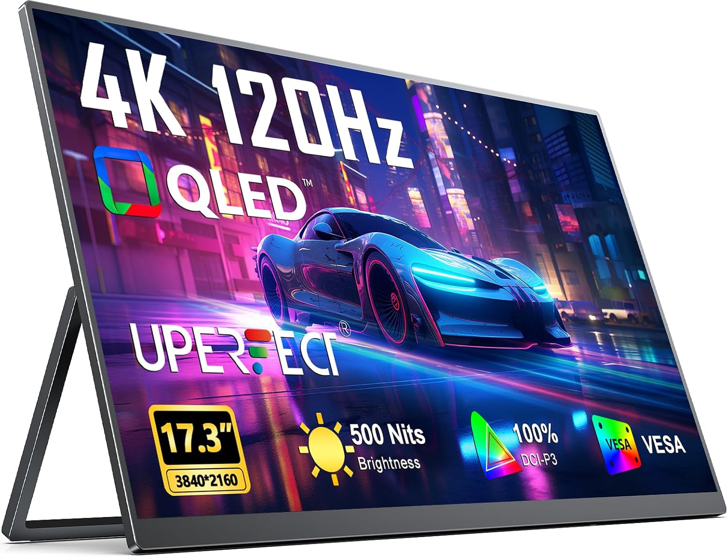 UPERFECT Portable Monitor 4K 120HZ QLED 17.3' | 0.1ms Gaming Monitor, 500 Nits | 3840 * 2160 UHD |100% DCI-P3 | USB-C & HDMI | VESA & Stand | Travel Screen for Laptop, Computer, Game Consoles
