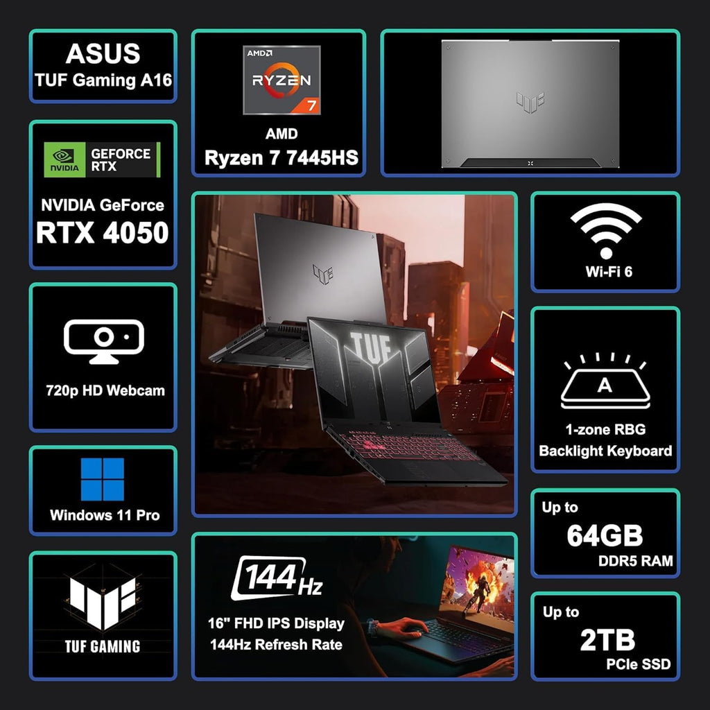 ASUS TUF A16 16' FHD 144Hz Gaming Laptop, AMD Ryzen 7 7445HS (6 Cores, Up to 4.7GHz), NVIDIA GeForce RTX 4050, 64GB DDR5 RAM, 2TB SSD, USB-C, Wi-Fi 6E, Bluetooth, Backlit Keyboard, Windows 11