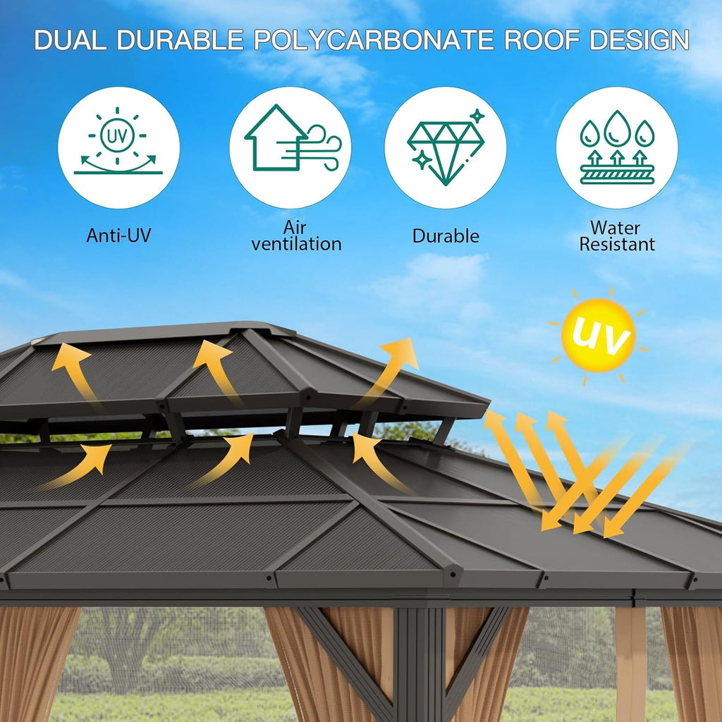 10X13FT Outdoor Hardtop Gazebo with Aluminum Frame, Heavy-Duty Double Roof Polycarbonate Gazebo Including Mesh Netting and Sunshade Curtains, for Patios, Terraces, Lawns, Decks, Brown + Khaki