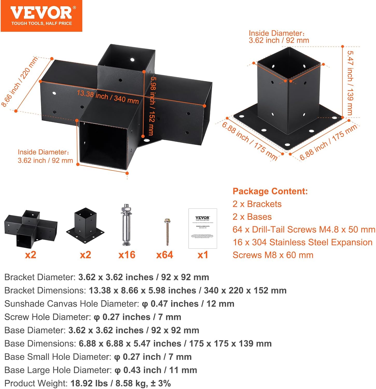 VEVOR Pergola Bracket Kit, 4x4 Inch (Inner Size 3.5x3.5), 2 Pcs 4-Way Heavy Duty Corner Bracket Woodworks DIY Post Base Kit, Easy Installation Wooden Beams for Gazebos, Patio Pergolas, Log Cabin