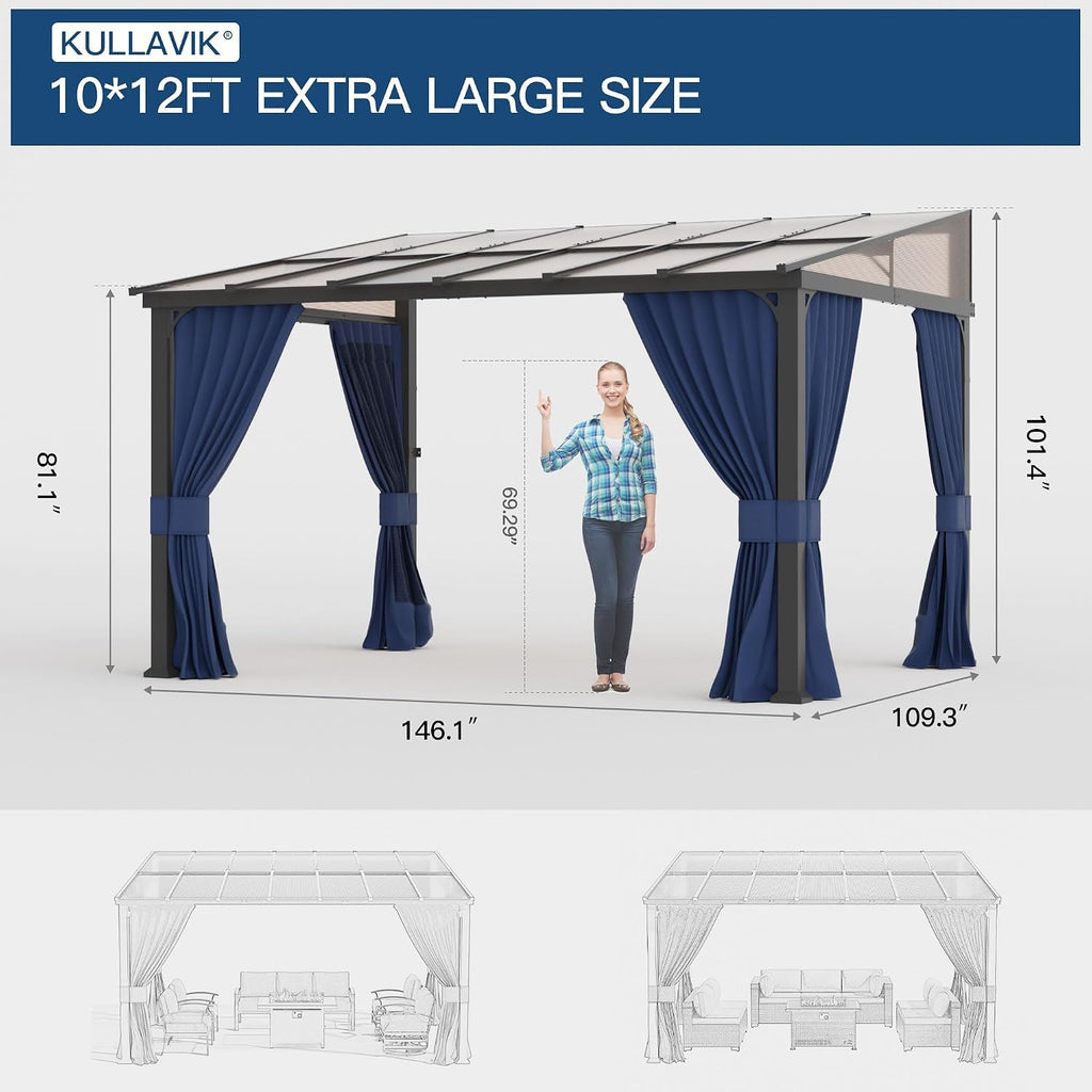 Kullavik 10' × 12' Hardtop Gazebo for Patio,Wall-Mounted Lean to Gazebo Pergola with Sloping Roof and Durable Aluminum Frame,Large Heavy Duty Awnings for Decks,Backyard,Navy Blue