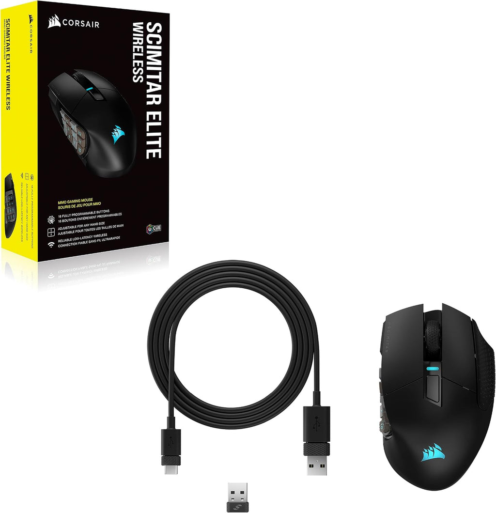 Corsair Scimitar Elite RGB Wireless MMO Gaming Mouse - 26,000 DPI - 16 Programmable Buttons - Up to 150hrs Battery - iCUE Compatible - Black
