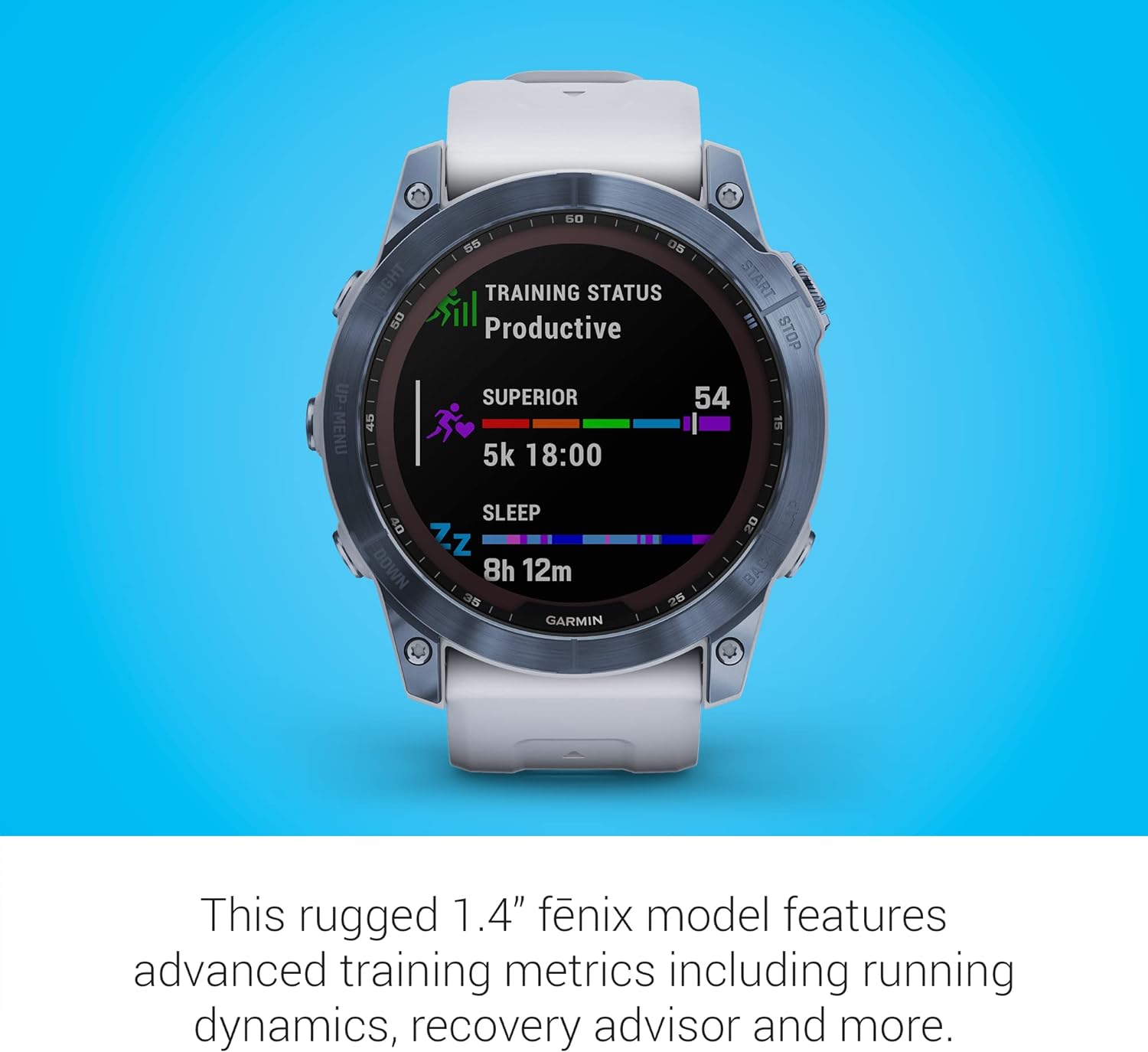Garmin Fenix 7X Sapphire Solar, Adventure Smartwatch, w/Solar Charging Capabilities, Rugged Outdoor GPS Watch, Touchscreen, Wellness Features, Mineral Blue Titanium w/Whitestone Band (Renewed)