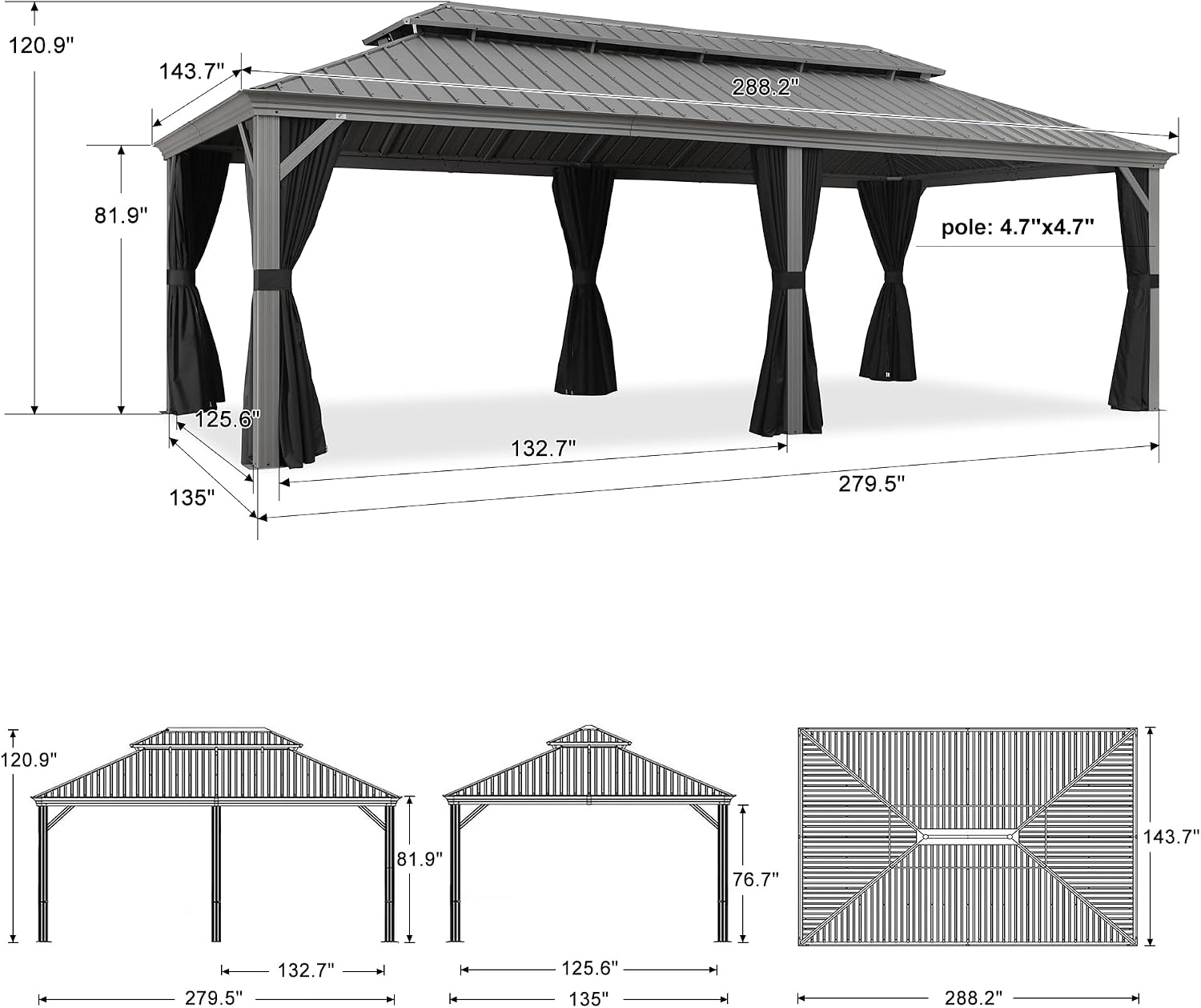 PURPLE LEAF 12' x 24' Outdoor Hardtop Gazebo with Netting and Curtains Galvanized Steel Double Roof and Aluminum Frames Permanent Wind Resistance Pavilion Gazebo for Patio Deck Garden, Light Grey