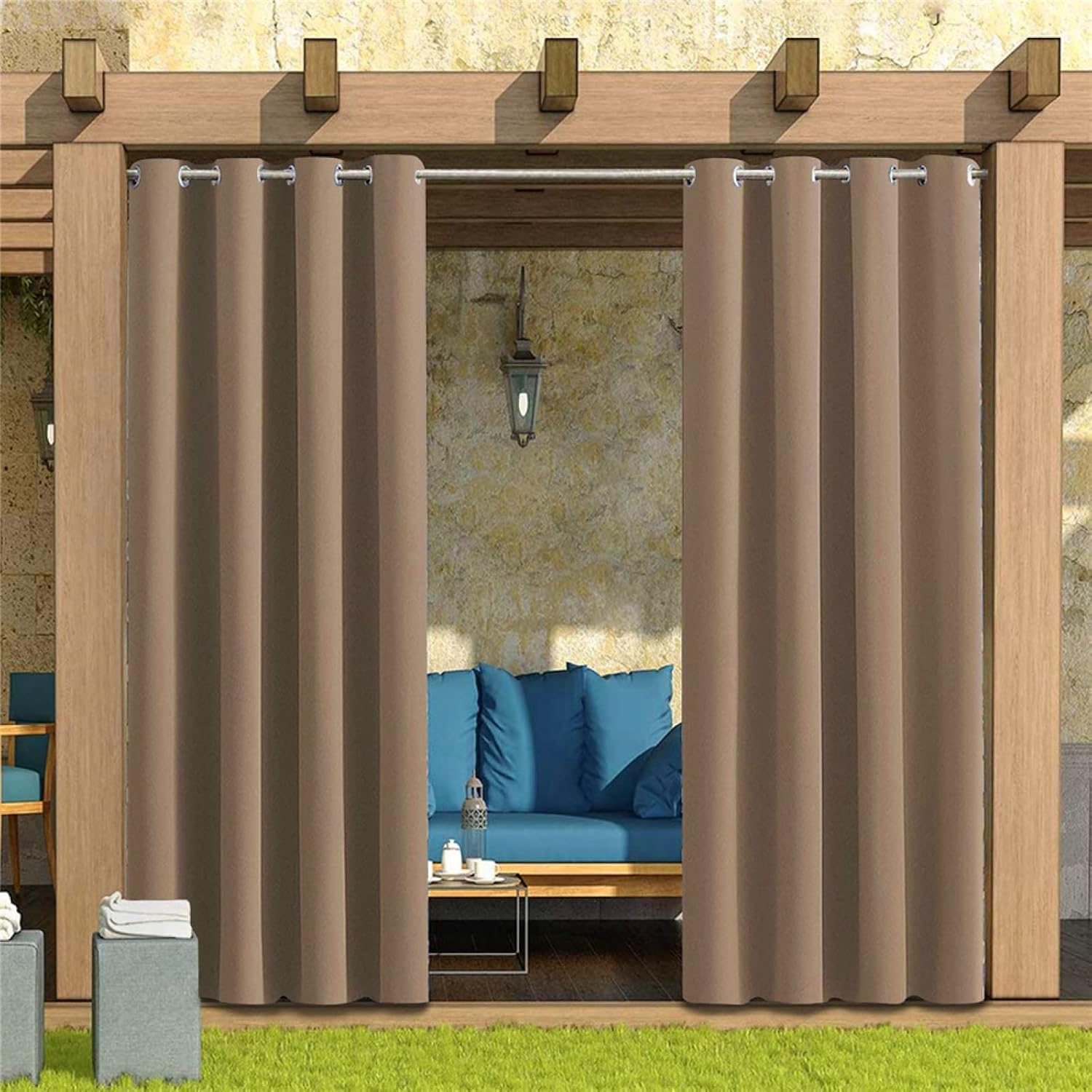100W x 130L inch Waterproof Indoor/Outdoor Curtains for Patio Thick Privacy Grommet Curtains for Bedroom, Living Room, Porch, Pergola, Cabana, 2 Panel,Brown