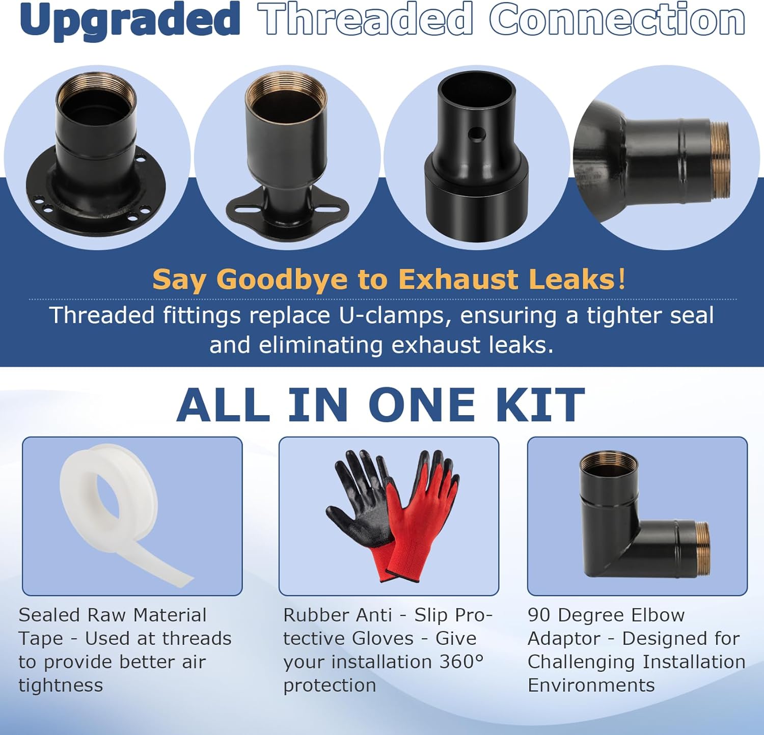 2025 Upgrade Generator Exhaust Extension Silencer Kit with Three Universal Adapters,Threaded Connector,Rain Cap and 90° Elbow–Leakproof, Weatherproof & Flexible Muffler Upgrade for Portable Generators