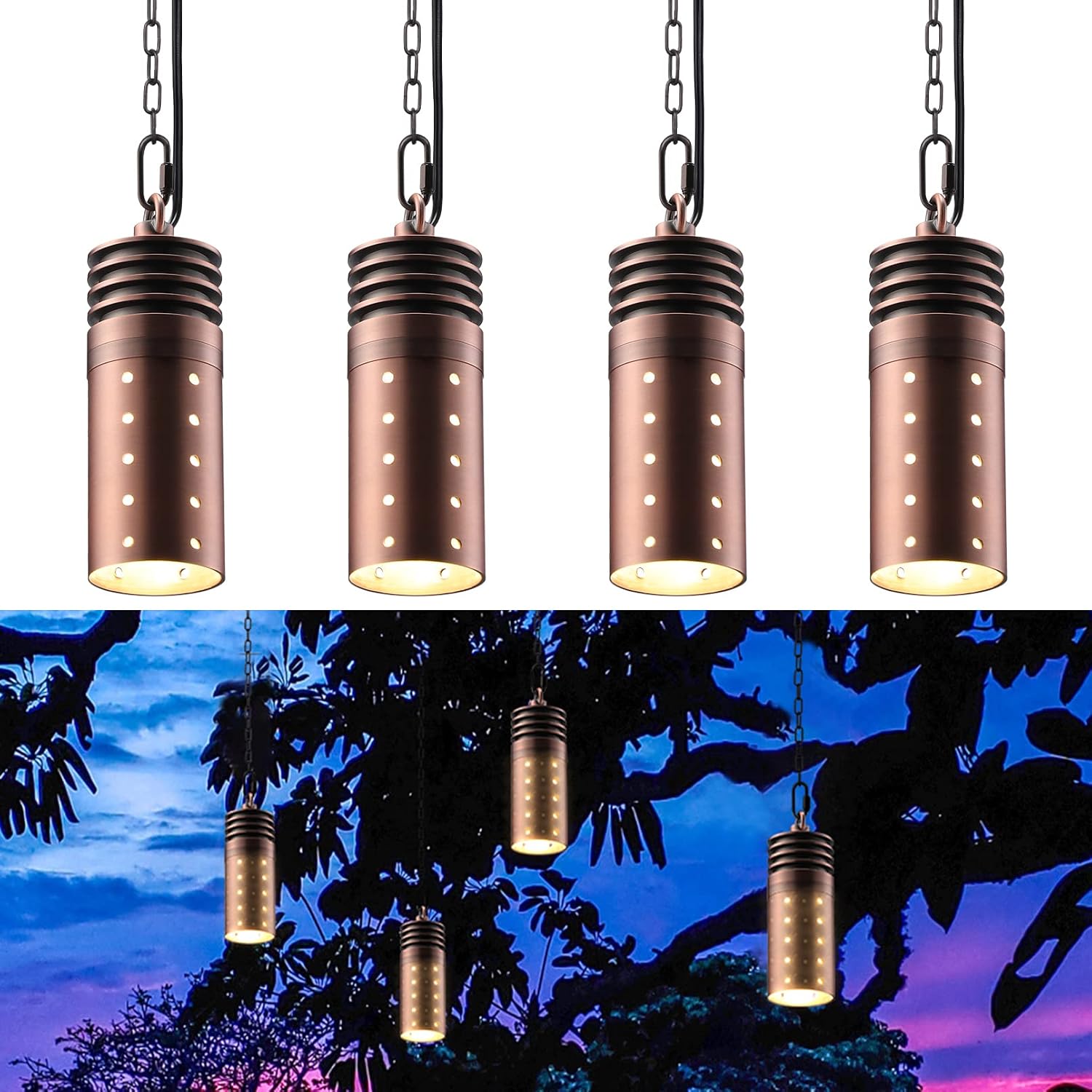 LEONLITE Low Voltage Hanging Lights Outdoor, LED Landscape Pendant Lights, UL Listed, 12V Hanging Tree Light for Gazebo, Pergola, Garden, Aluminum, IP65, 2700K Soft White, Red Bronze, Pack of 4