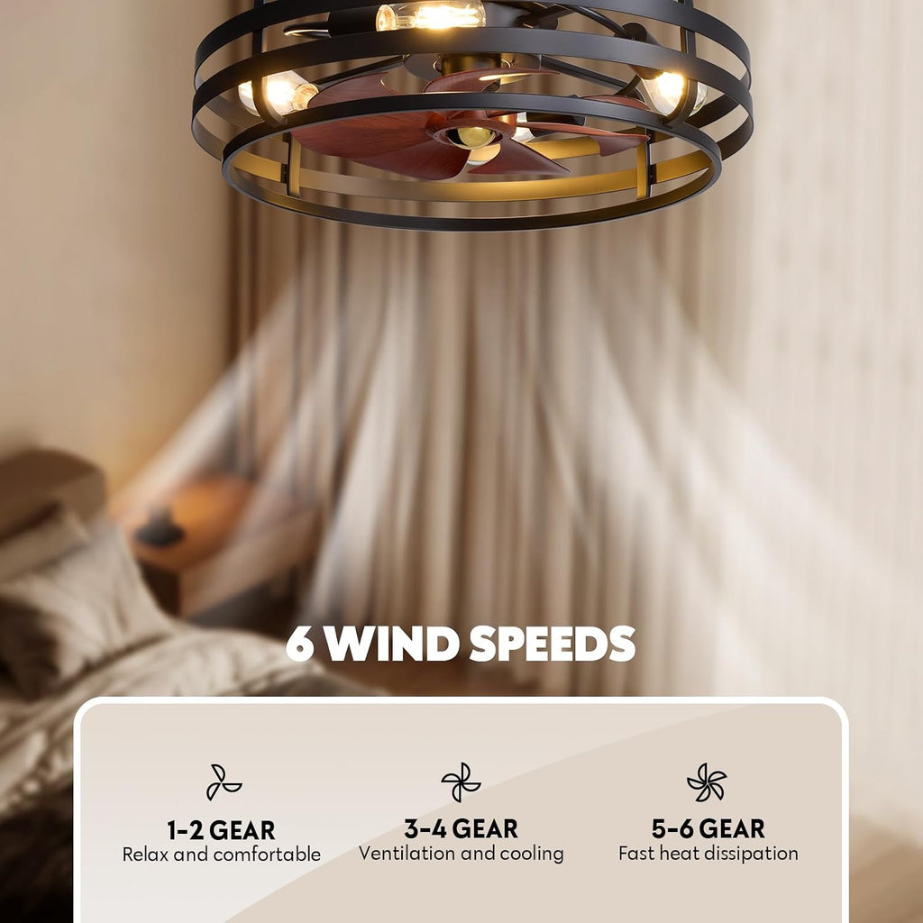 24 Inch Farmhouse Flush Mount Ceiling Fan with Lights and Remote, Industrial Black Caged with 6 Wind Speeds, Dimmable, Reversible, Rustic Ceiling Fan Lights for Bedroom, Kitchen, Living Room