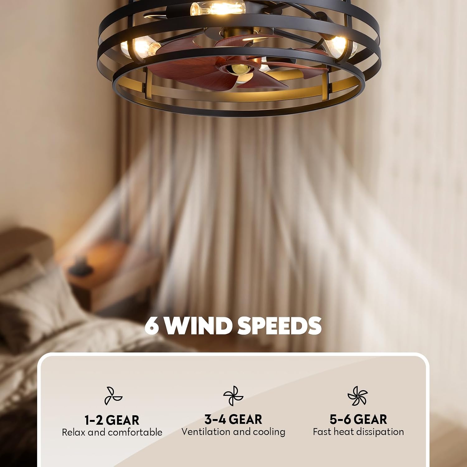 24 Inch Farmhouse Flush Mount Ceiling Fan with Lights and Remote, Industrial Black Caged with 6 Wind Speeds, Dimmable, Reversible, Rustic Ceiling Fan Lights for Bedroom, Kitchen, Living Room
