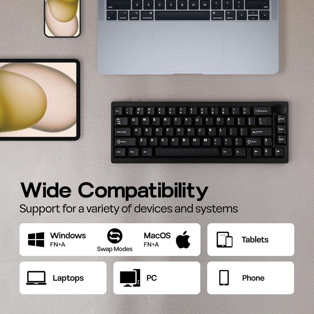 EPOMAKER P65 QMK/VIA Wireless Aluminum Gaming Keyboard, Gasket-Mount, BT/2.4Ghz/USB(A to C), Hot Swappable, N-Key Rollover, for Mac/PC/PS/Xbox (Black, Wisteria Linear Switch)